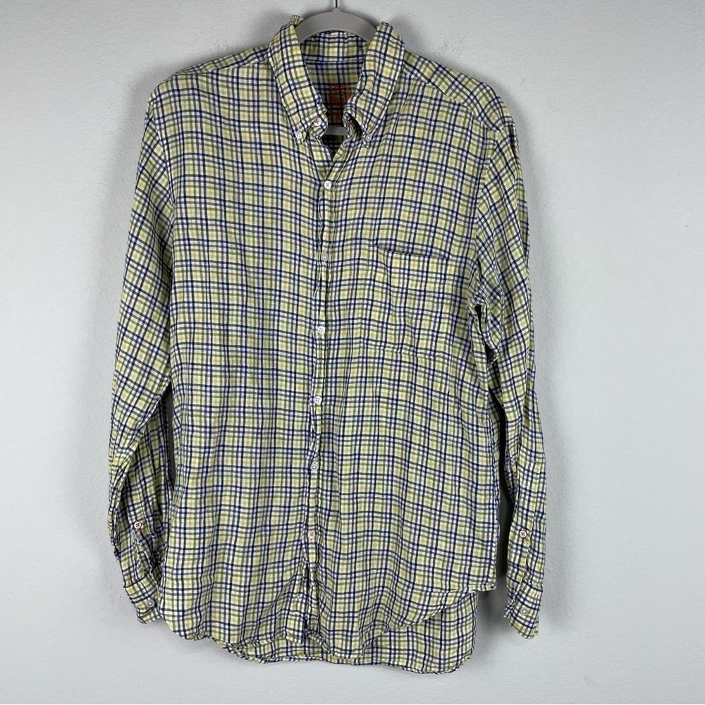 J. McLaughlin Yellow Blue Plaid 100% Linen Button Up Long Sleeve Shirt Medium